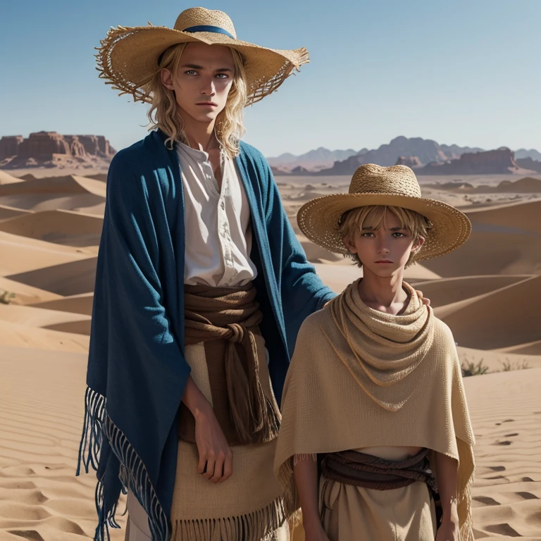 Medium hair, wavy hair, bright blond hair, very skinny but agile, 19 years old, old straw hat, old nomadic cloth poncho for the desert, 1Boy, Blue eyes, determined look, british