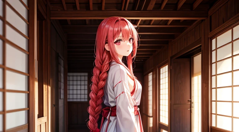 red braids, long red hair, pink eyes, small breast, white clothes, girl, adult, standing in a Japanese wooden house