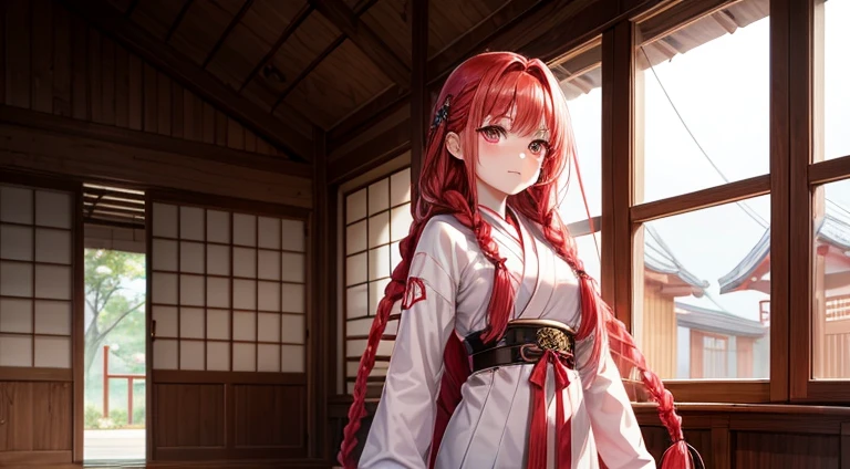 red braids, long red hair, pink eyes, small breast, white clothes, girl, adult, standing in a Japanese wooden house