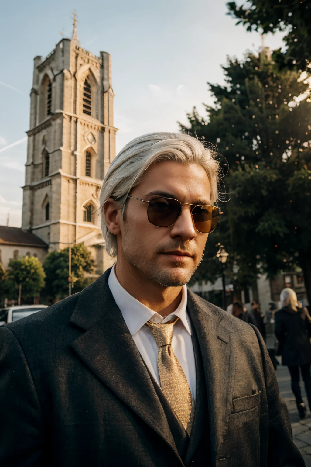 A man with white hair and dark glasses stands in the wide central square, at the back of which is a church with two towers. The beautiful tower stretches as far as the eye can see, with the sky bright and clear. The man's white hair contrasts with his tanned skin and short beard, giving him a distinct appearance. He is tall, with a confident posture, enjoying the warm sun and the cool breeze of the square. The dark glasses he wears add a touch of mystery to his appearance. In the background, a sunset between the church towers. The scene is bathed in bright, vivid colors, capturing the vibrant energy of the square. The overall atmosphere is realistic and photorealistic, with sharp focus and ultra-detailed textures. The lighting is warm and golden, casting a soft glow over the tower scene. The prompt must contain the following tags: celebrate Christmas, WITH LIGHTED TREE, with lights and dolls in the background of the landscape. man, white hair, sunglasses, church square, vibrant colors, realistic, photorealistic, sharp focus, ultra-detailed, warm light.