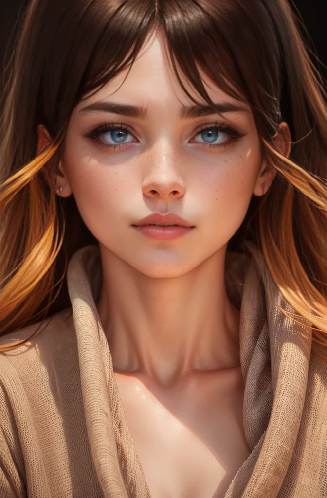 (best quality, highres), realistic, portraits, woman with fair skin, delicate freckles, detailed facial features, beautiful eyes, defined nose, full lips, flowing dark hair, soft lighting, elegant pose, colorful backdrop