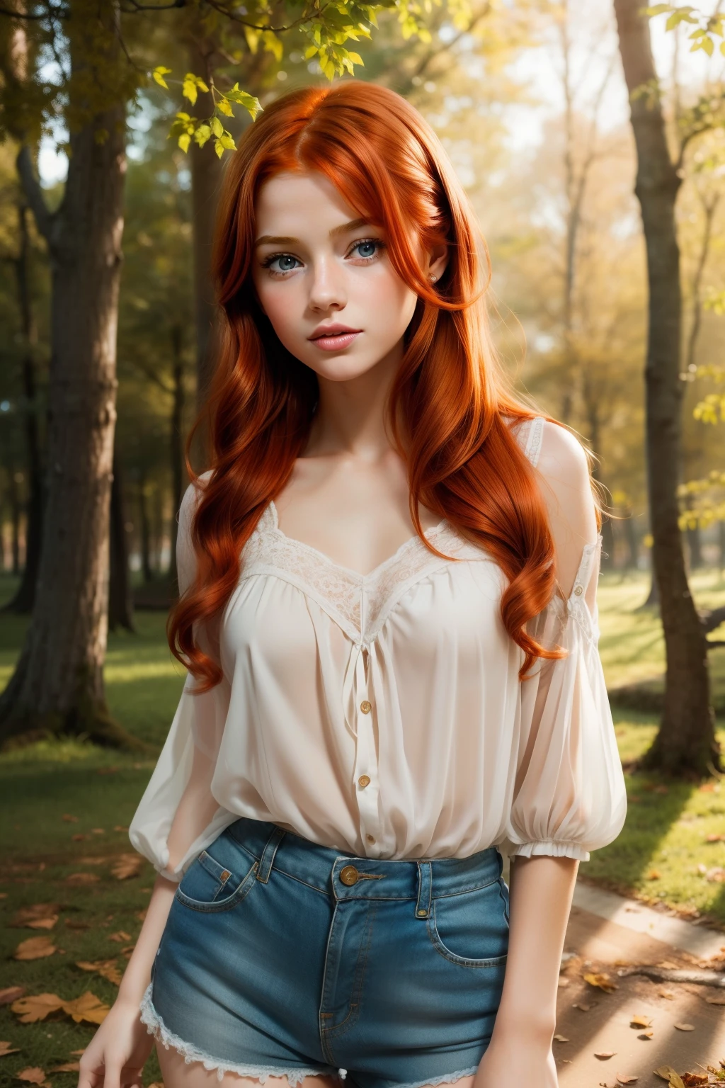 Generate a photorealistic image of a 35-year-old red-haired woman with an athletic body and wearing short jean shorts and a see-through white blouse, walking quietly down the sidewalk of a well-wooded street. Make sure the image has high quality and realism to convey the beauty and serenity of the scene