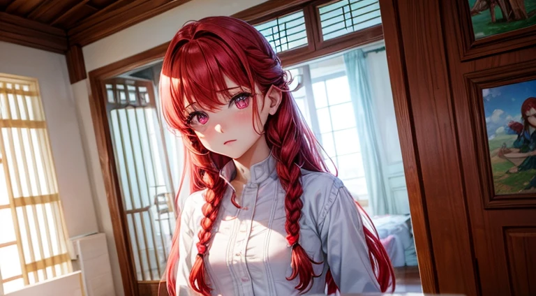 red braids, long red hair, pink eyes, small breast, white clothes, girl, adult, standing in a brazilian house