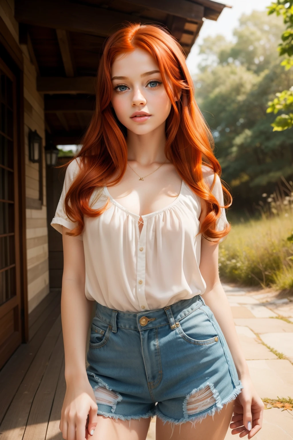 young girl, redhead, cinematic, The portrait showcases a young (redhead girl:1.6) with a shy and innocent demeanor, blueish eyes, sensual slim face, big lips, BIG TITS and shorts, Her hair is styled sleek and straight, elegantly framing her face with adorable long hairl .Her face is illuminated by gentle lighting, highlighting her delicate features. The girl's eyes sparkle with a hint of curiosity and her lips form a subtle, shy smile. The background consists of a ourtoor nature autum scenery muted and warm-toned setting, providing a calm and serene atmosphere. The composition focuses on the girl's face, capturing the intricate details of her flawless skin, The overall image exudes a sense of tranquility and captures the innocence and gentleness of youth