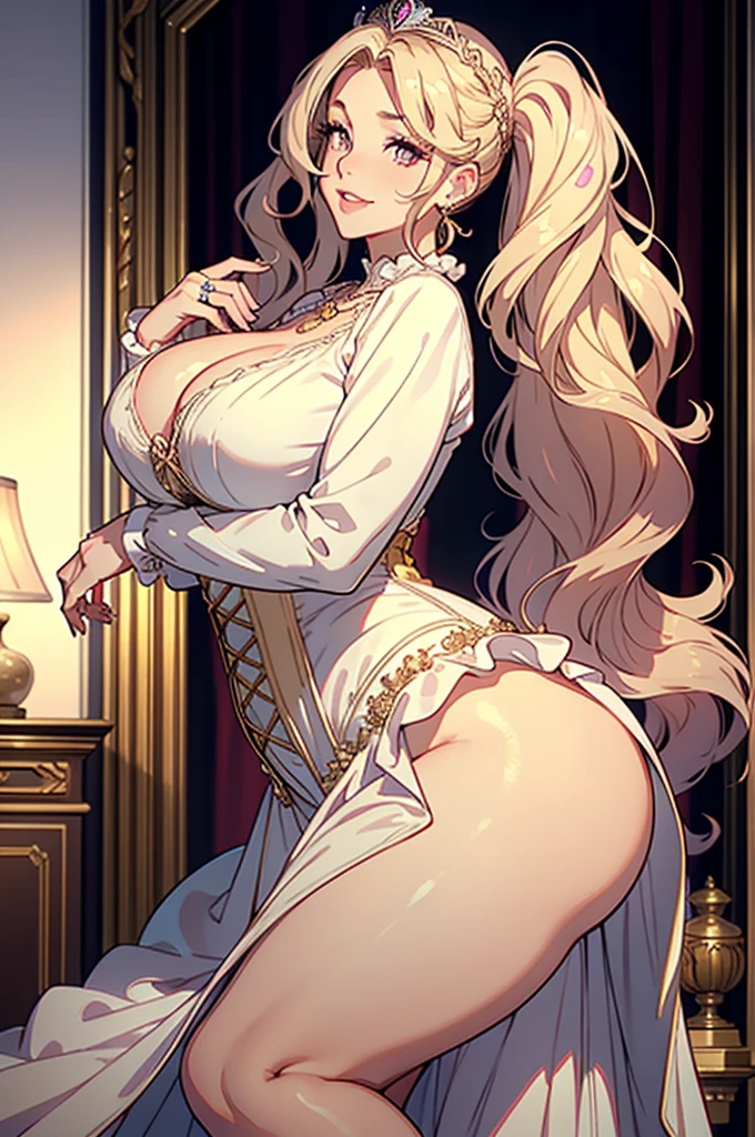 Best quality, solo mature woman, giant breasts, giant ass, very curvy, very long big Voluminous Curls in thick pigtails, pale pink eye, full lips, seductive, smiling, pretty crown, beige princess dress with long sleeves, elegant necklace, ring, pooffy dress bottom, corset