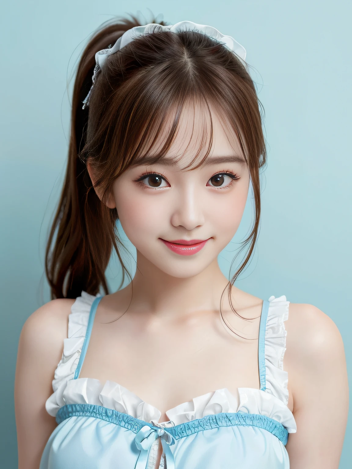 1 girl、tiny chest、Brown Hair Ponytail、Outrageous resolution、hight resolution、(masterpiece:1.4)、ultra-detailliert、Crisp details、Dramatic and photorealistic pictorial art、super sexy ta lingerie girl、A smile full of cuteness、light blue wallpaper background、