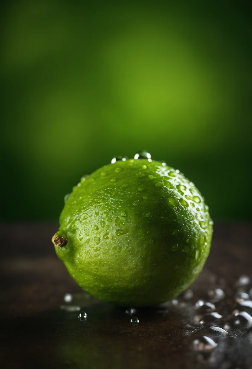 A high-resolution image showcasing a whole lime, with vibrant green color, detailed texture on the skin, and droplets of water on its surface.