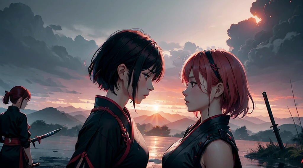 (((Three girls))) A red hair female samurai, fighting with her sword against a short black hair female Ninja, and a pink hair Chinese girl is fighting with both girls too, they are all fighting against each other in this Ancient Asian battlefield, dark clouds, thin and fine rain falling in the late afternoon sundown. 4k, unreal engine, cinematic, high quality image