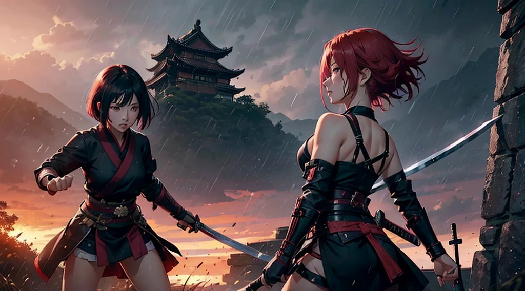 (((Three girls))) A red hair female samurai, fighting with her sword against a short black hair female Ninja, and a pink hair Chinese girl is fighting with both girls too, they are all fighting against each other in this Ancient Asian battlefield, dark clouds, thin and fine rain falling in the late afternoon sundown. 4k, unreal engine, cinematic, high quality image