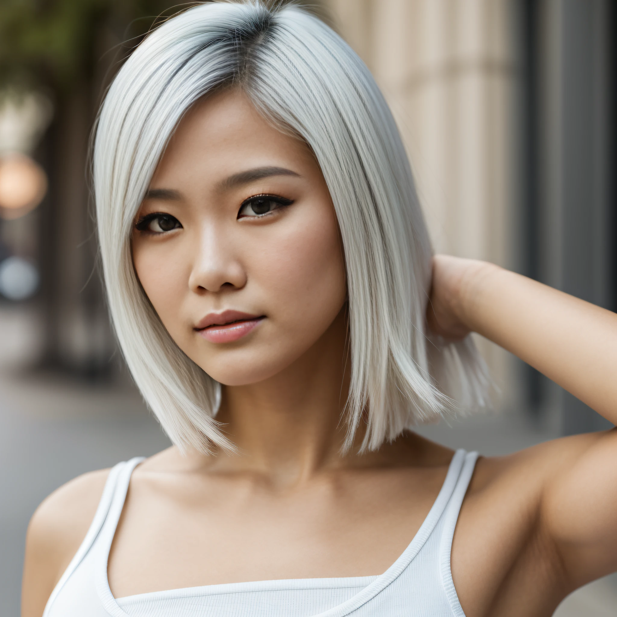 Retrato de la cara, mujer joven, 25-years old, dyed white hair, corte de pelo estilo bob, pointed jaw, asian female, ojos de color verde, staring at camera, mirada penetrante, pose de modelo, Looking at the camera, ropa moderna ultra detallada, vestida, ropa lujosa, piel blanca ultra detallada, detalles de la piel realista, estilo hiperrealsita, on the streets, luz natural realista, realistic illumination, fotografia profesional, 4K, fondo desenfocado, mucho detalle la cara, detailed face with asian features,