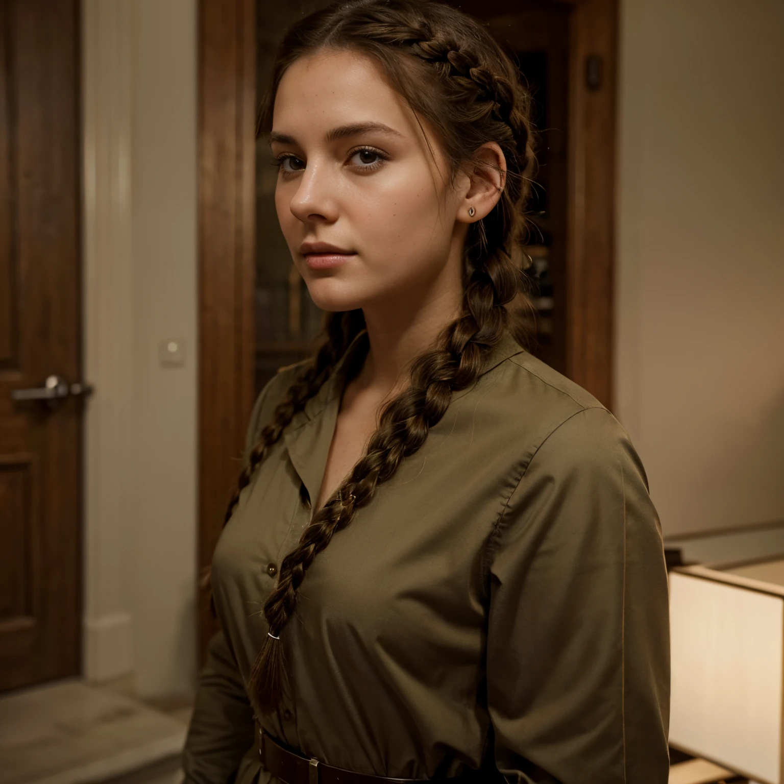 Lise, a twenty one year old woman who is a strategist for a military.,she is elegant, with her brown hair braided back