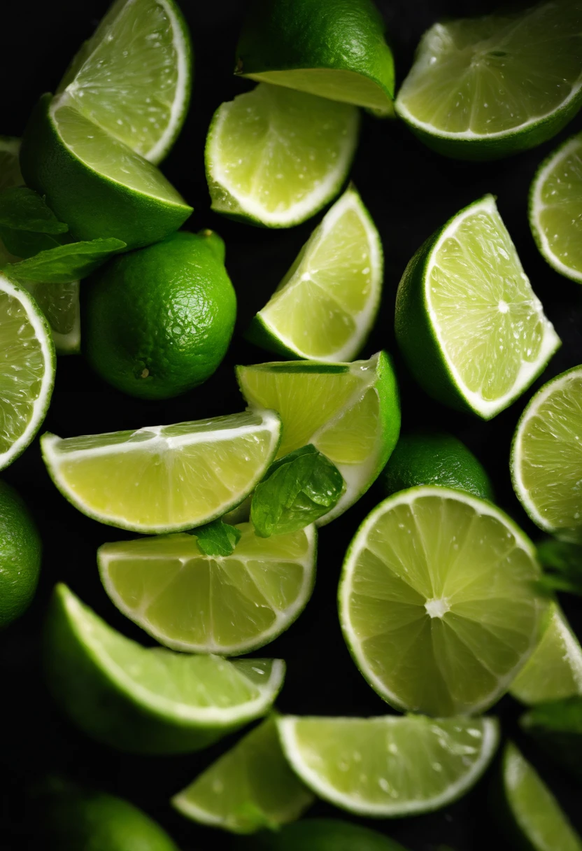 An artistic representation of lime wedges placed on a black background, with dramatic lighting emphasizing their vibrant color and shape.