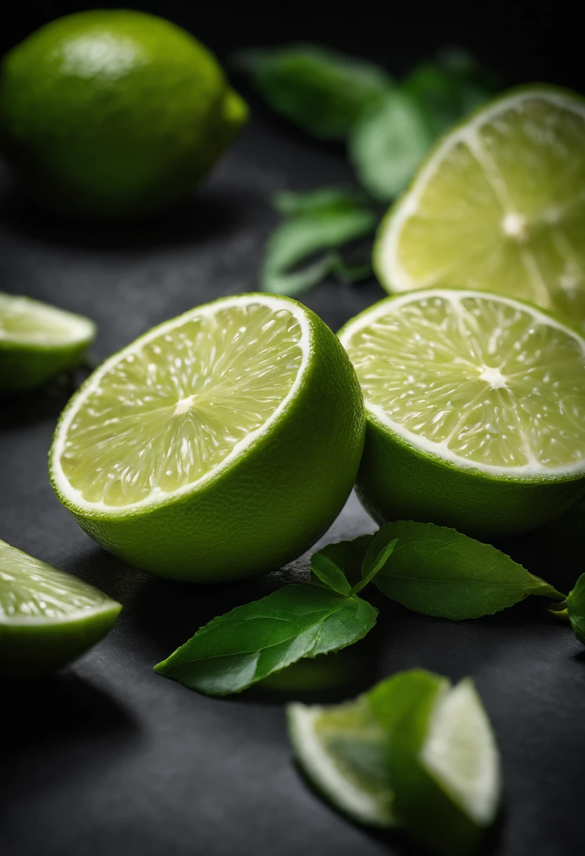 An artistic representation of lime wedges placed on a black background, with dramatic lighting emphasizing their vibrant color and shape.