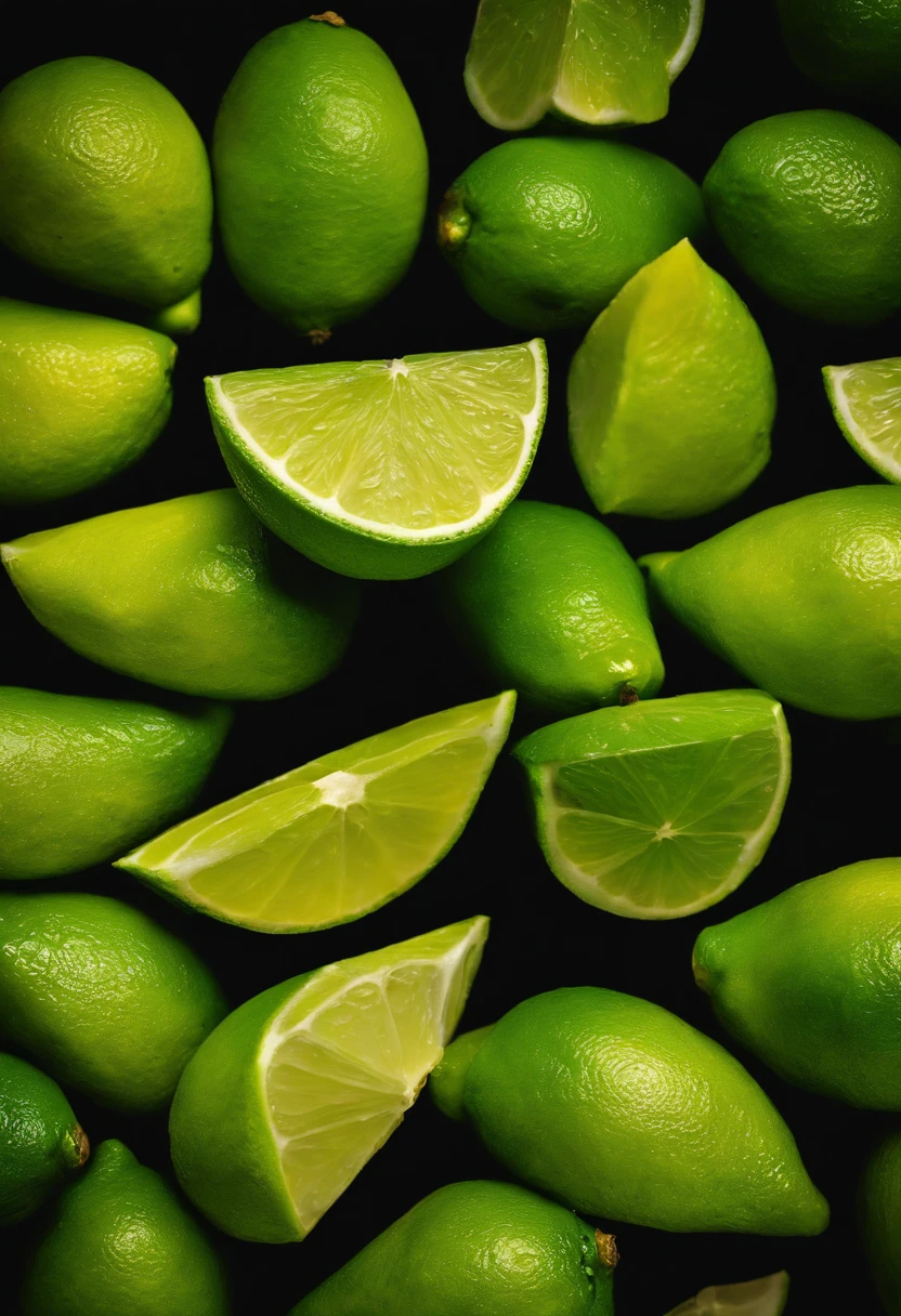 An artistic representation of lime wedges placed on a black background, with dramatic lighting emphasizing their vibrant color and shape.