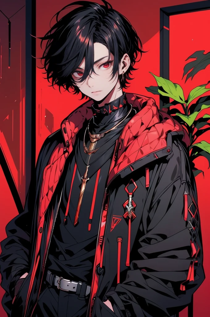 (masterpiece, best quality), black hair, short hair, plant, looking at viewer, red eyes, black coat, long sleeves, indoors, solo focus, standing, 1man, jewelry, hair between eyes, open clothes