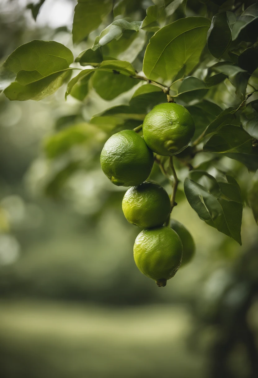 A high-resolution image showcasing a lime tree branch, with detailed leaves, branches, and ripe limes hanging from them.