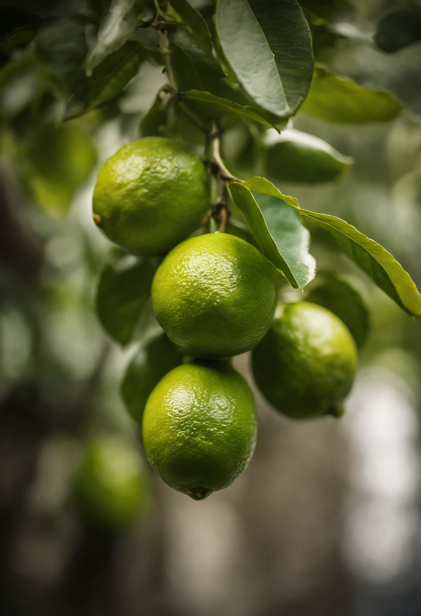 A high-resolution image showcasing a lime tree branch, with detailed leaves, branches, and ripe limes hanging from them.