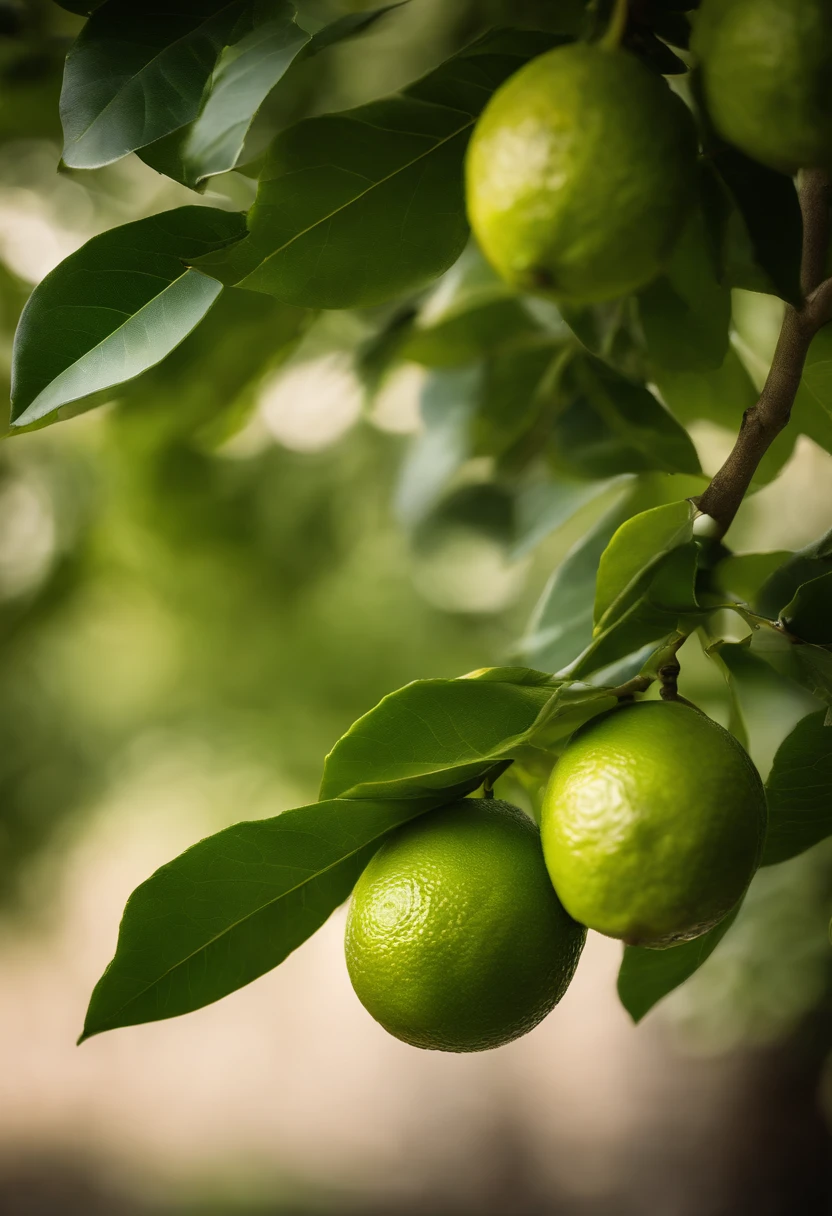 A high-resolution image showcasing a lime tree branch, with detailed leaves, branches, and ripe limes hanging from them.