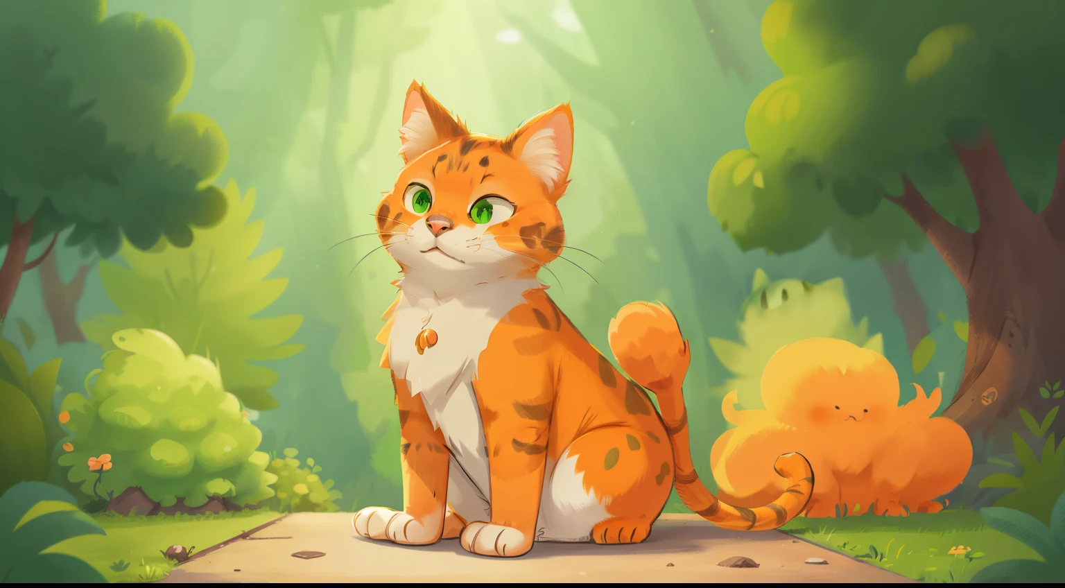 Disney-style cat, orange-spotted, green eyes, full figure, fluffy fur, The sitting cat holds its full belly