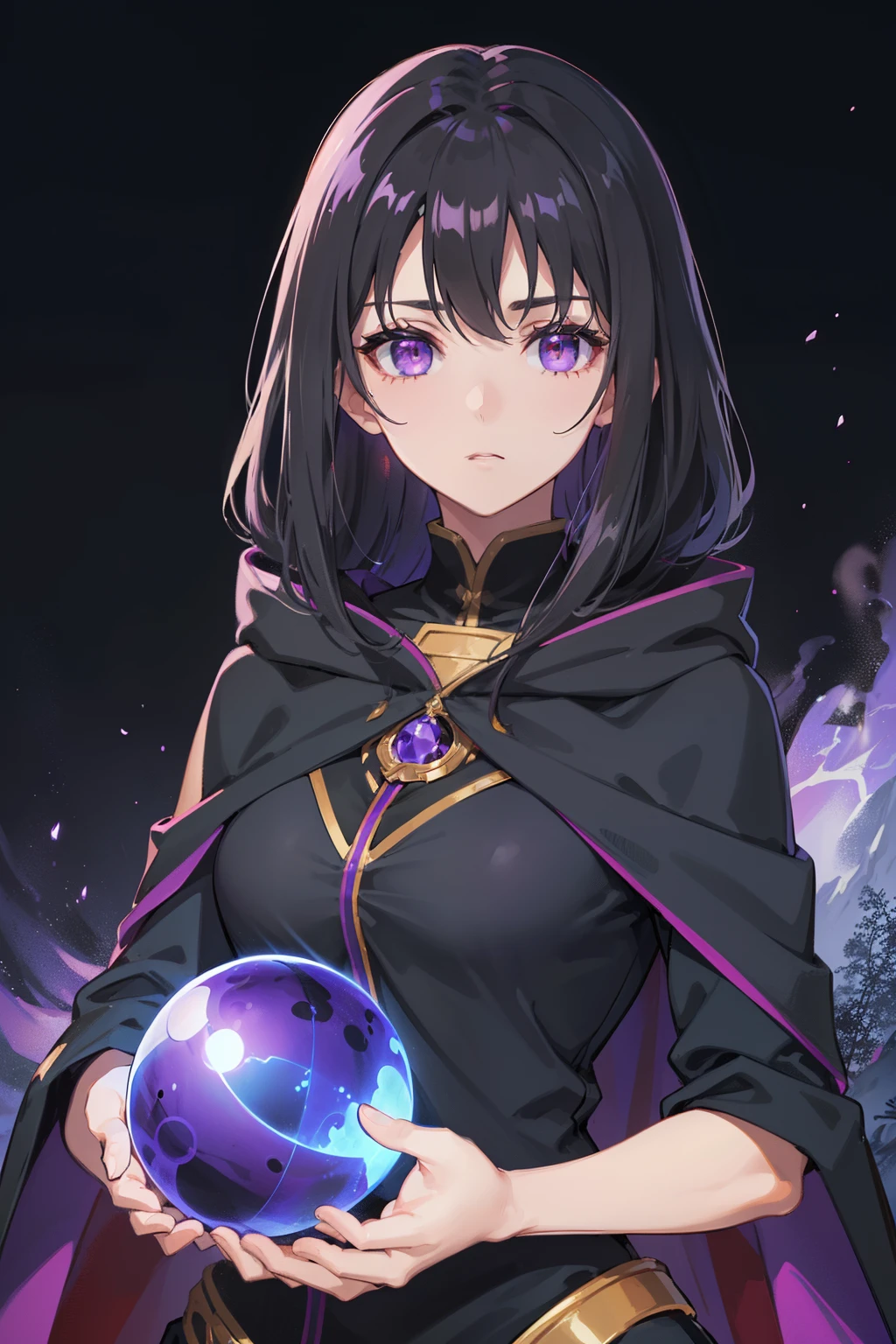 (best quality, high resolution), ultra-detailed, woman, young, 19 years old, long flowing black hair, snow white skin, calm, emotionless eyes, glowing purple eyes, long black uniform, black hooded cape, ball of purple energy floating in hand. purple light background