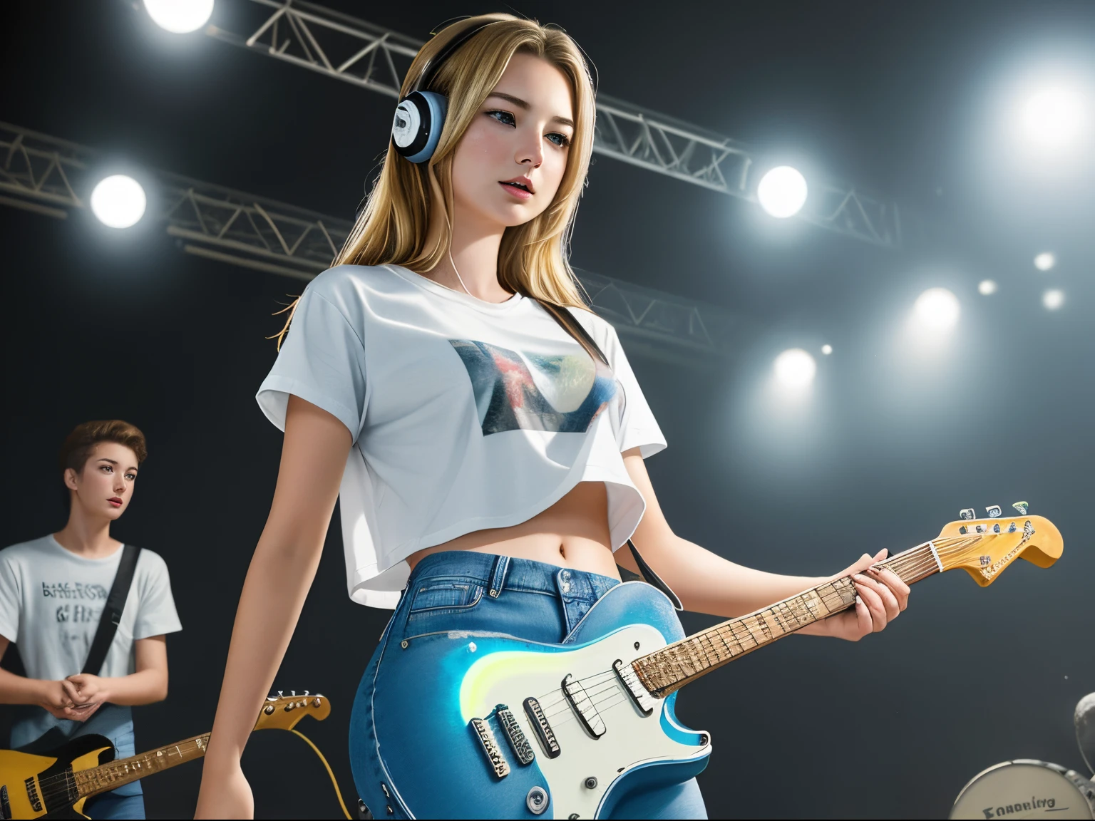 top quality 32k raw photo of 18-year-old Emily VanCamp wearing white T shirt and jeans skirt and headphone. navel look. she is on the disco stage playing guitar. colorful lights,