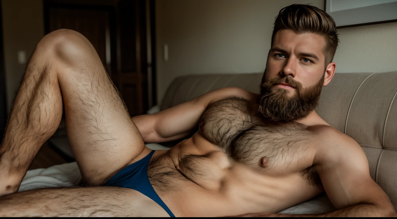 (handsome male laying on his side), short beard, slim build, hairy chest, candid, ultra-realistic, 8k, --style raw --s 50, overcast, sunny, dusk, flexing, low sun, wes anderson colours, west anderson lighting, short beard, whole body, body shot, wearing briefs, 2 legs