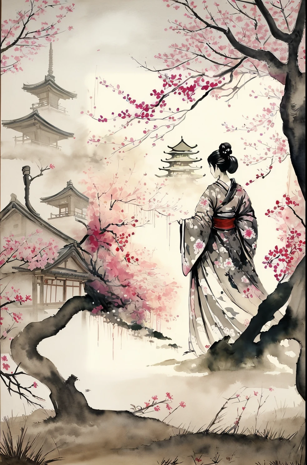 Arafa woman in kimono standing under a tree with a pagoda in the background, japanese art style, Arte japonesa, Arte tradicional japonesa, Pintura tradicional japonesa, Arte Japonesa, japanese style painting, classical japanese art, Pintura japonesa, Arte japonesa antiga, Arte conceitual tradicional japonesa, ancient japanese, pintura japonesa antiga, Japonismo, japan watercolour, traditional japanese