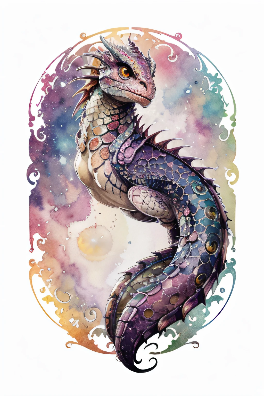 a Superb highly detailed Brightly Multi-Colored Dragon -faced space alien creature with tentacles scales and large reflective eyes in the style of art nouveau paint splatter watercolor white background