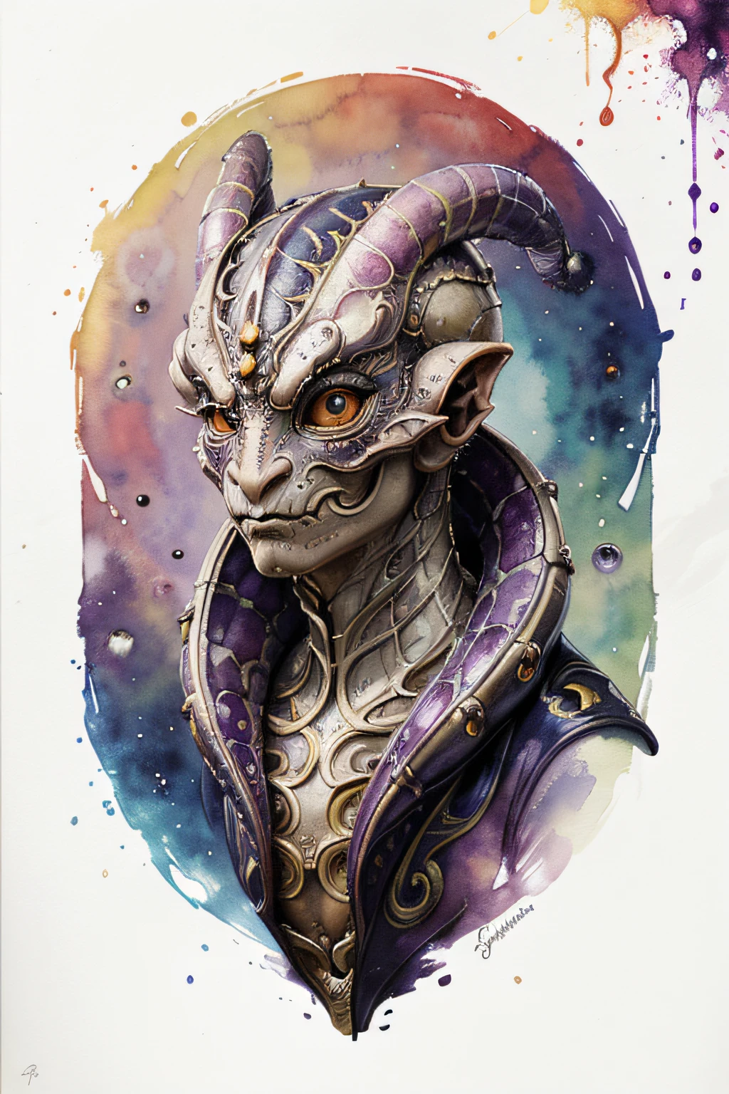 a Superb highly detailed Brightly Multi-Colored Dragon -faced space alien creature with tentacles scales and large reflective eyes in the style of art nouveau paint splatter watercolor white background