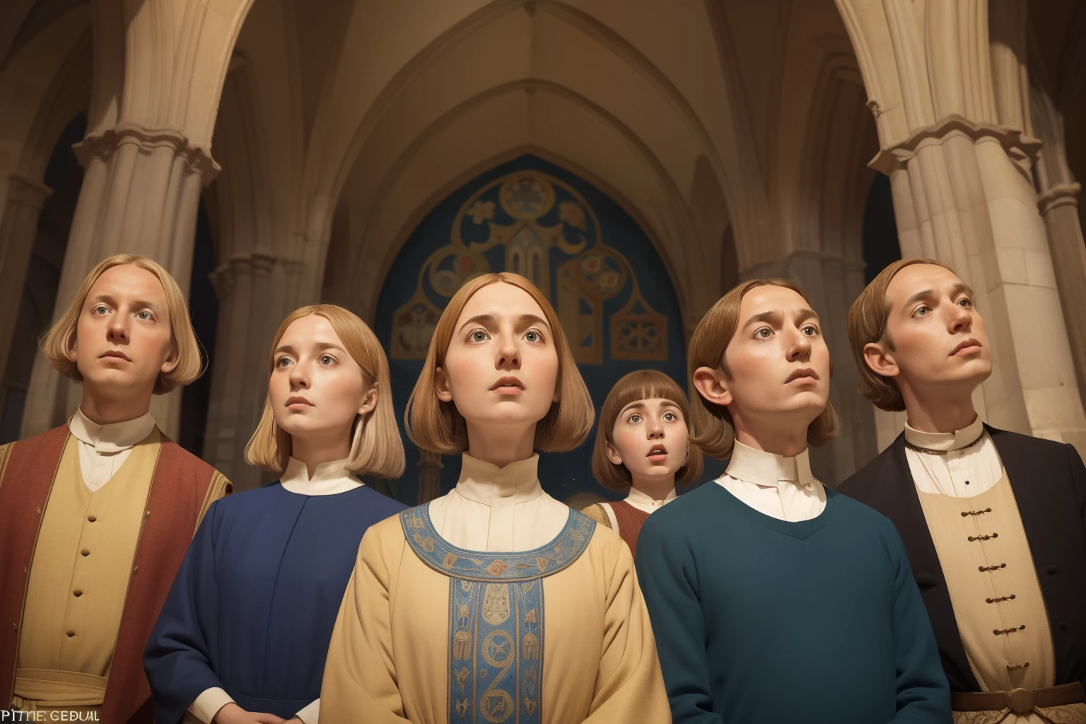 Year: 1136, England. ((((12th Century)))). At an otherworldly Wes Anderson cathedral, guests with long colorful tunics look up at the dome in awe.