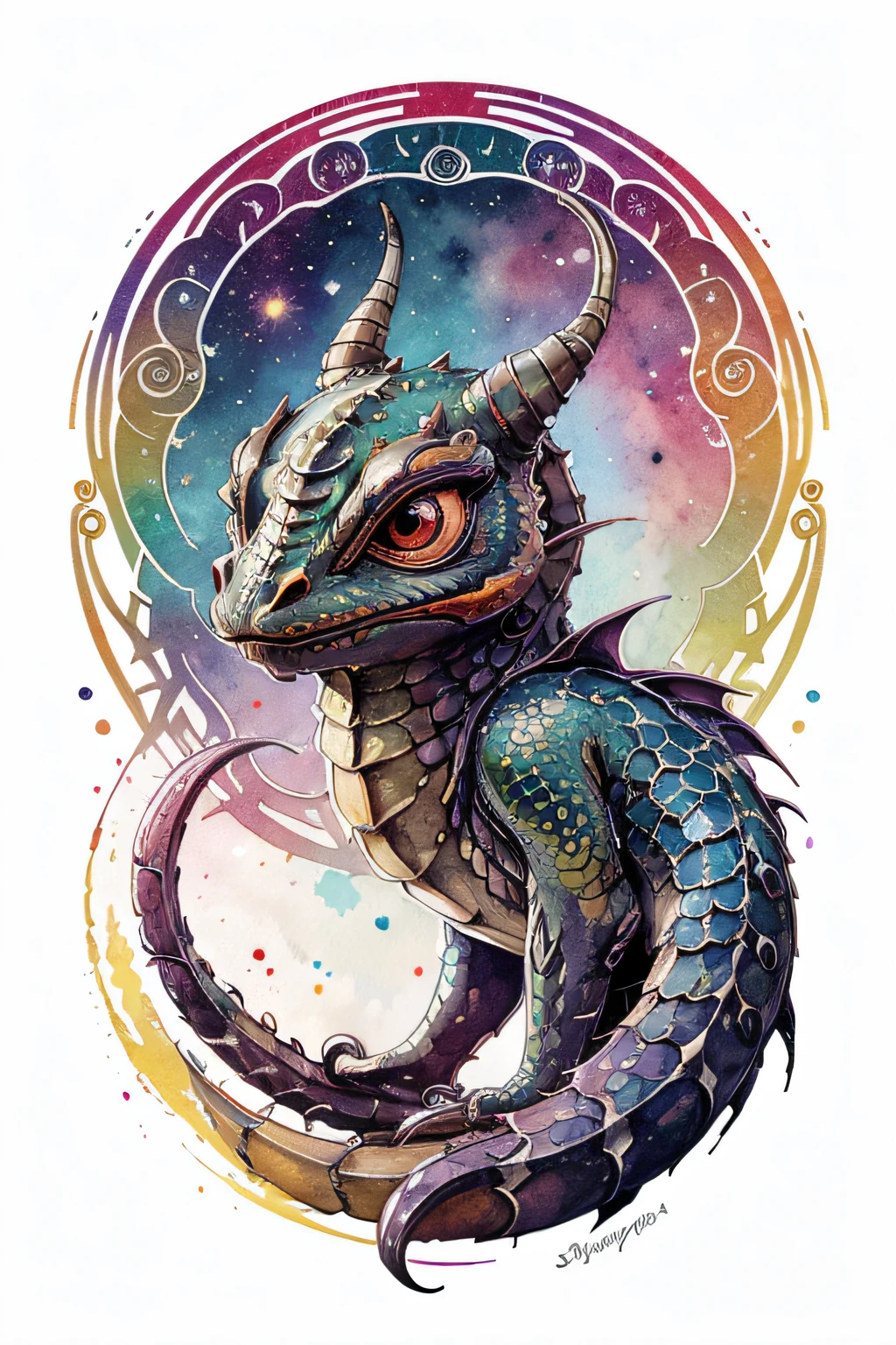 a Superb highly detailed Brightly Multi-Colored Dragon -faced space alien creature with tentacles scales and large reflective eyes in the style of art nouveau paint splatter watercolor white background