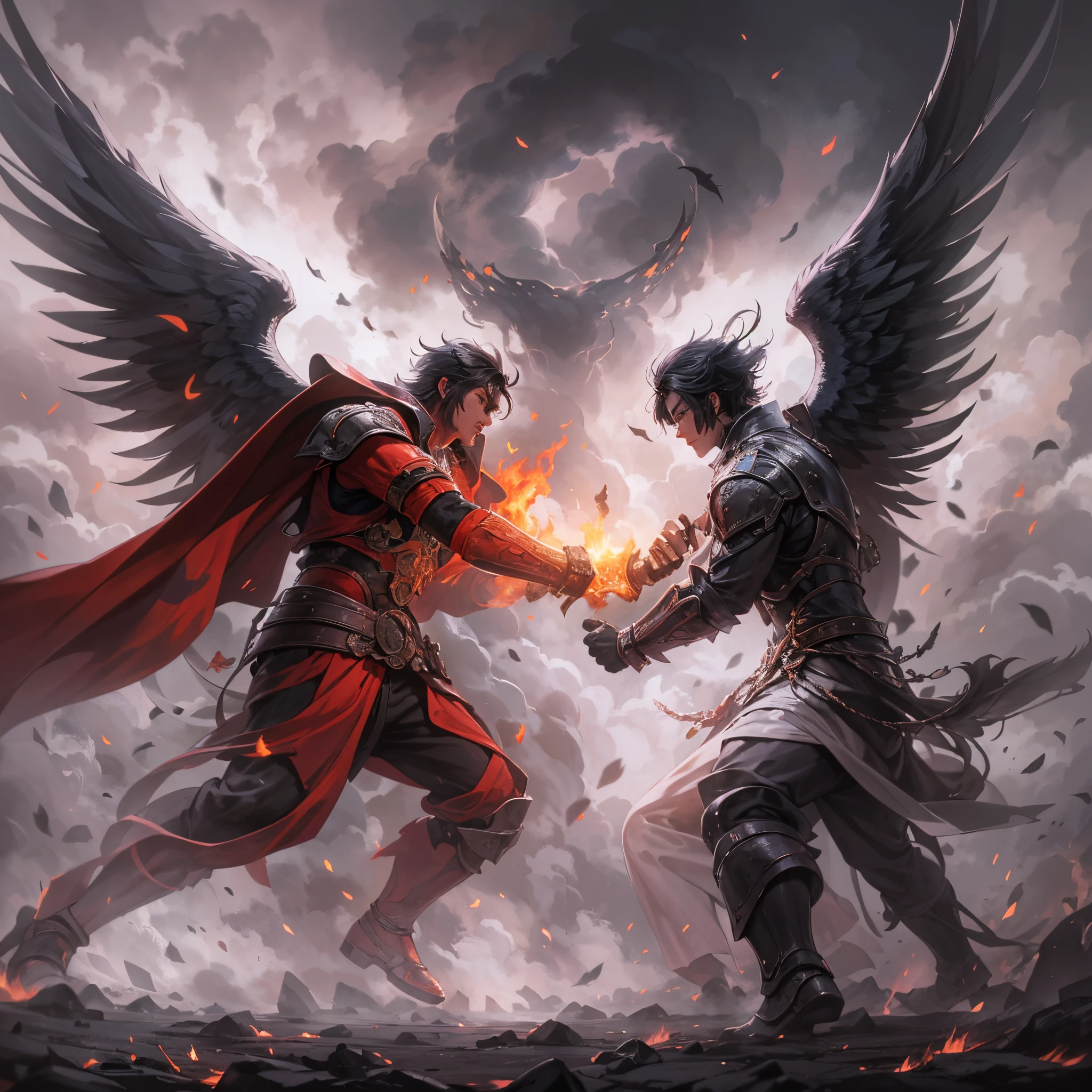 El tema：angel vs demon,pulso de fuego,lucha de brazos,prueba de fuerza,el cielo vs el infierno,lucha maganime,alas de angel blancas,alas de murcielago negras,white snow vs red sky 生成的 fast：
"(La mejor calidad,4k,8k,Altas Resoluciones,Obra maestra:1.2),Ultra detallado,(realista,fotorrealista,fotorrealista:1.37),angel vs demon,pulso de fuego,lucha de brazos,prueba de fuerza,el cielo vs el infierno,lucha maganime,ay de angel blancas,alas de murcielago negras,neves blancas vs cielo rojo,[illustration],[dynamic composition],[fantasy],[epic battle],[emociones intensas],[fiery atmosphere],[fuerzas colosales],retrato,Paisaje,foco nítido,physically based representation,profesional,vivid colors,Bokeh,tonos saturados,[Dramatic lighting]"