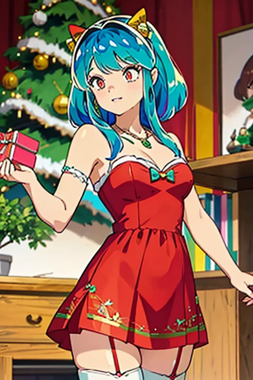 lum, 1girl in, Bangs, Blue hair, Bow, Box, 手链, Christmas, Christmas tree, Cowboy Shot, Dress, earrings, fish net, flower, gift, gift box, Hair Ornament, Hamel, Jewelry, Looking at Viewer, multicolored hair, Necklace, pantyhose, Parted lips, Purple eyes, Red dress, bow ribbon, Rose, Short hair, Smile, Solo, thighs thighs thighs thighs