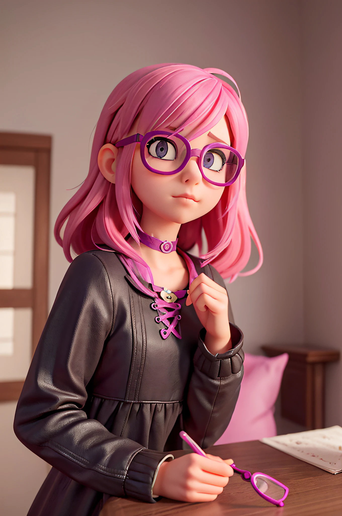 Craft an eye-catching social media avatar portraying a gothic girl with glasses. paying close attention to details such as messy pink hair and the glasses resting gently on her nose. Infuse the illustration with a sense of calm and contentment, ensuring the avatar exudes an inviting and relatable atmosphere
