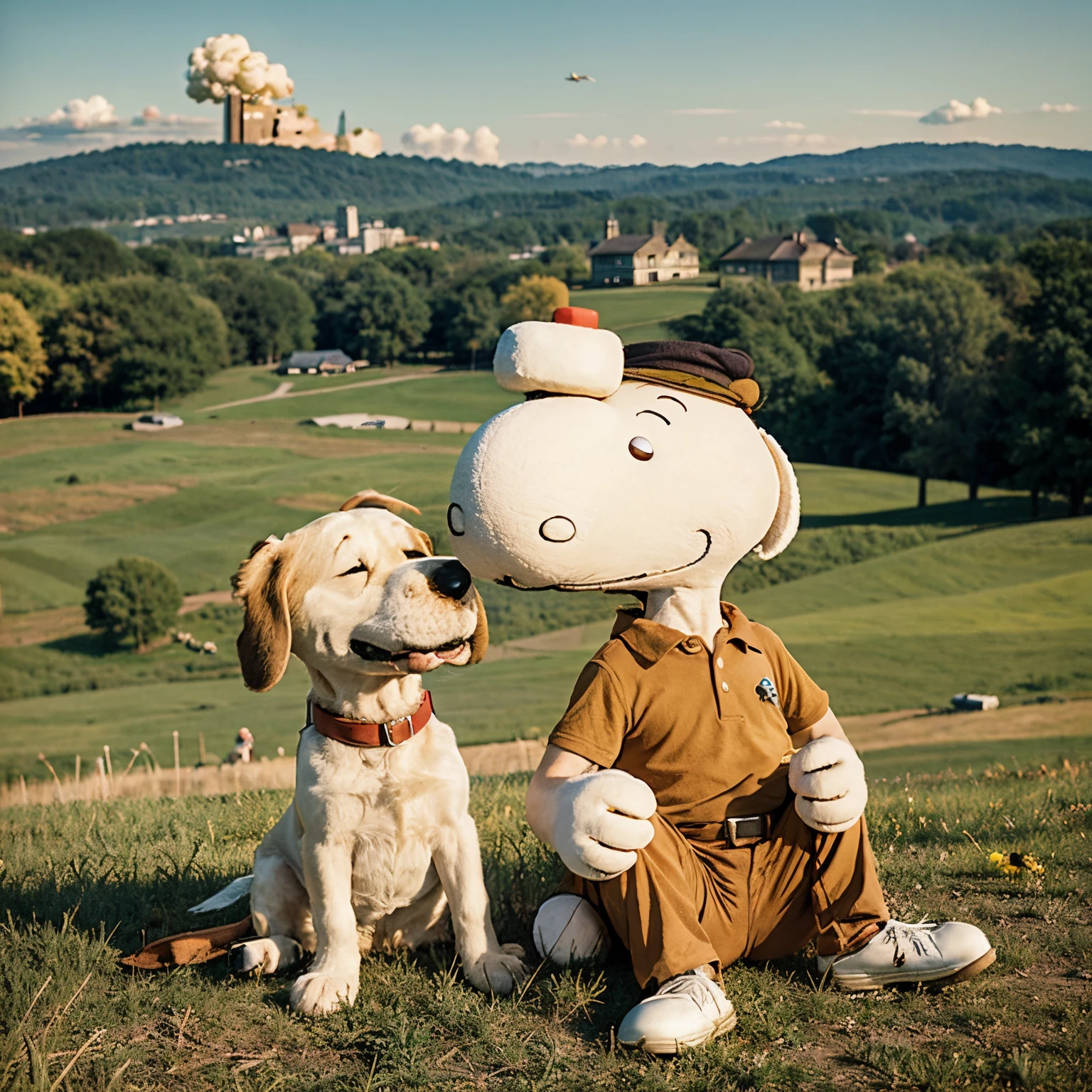 Charlie Brown smoking a joking while sitting with Snoopy. Both sitting on a green hill during the golden hour. Woodstock is flying in the background, fighting the red baron.