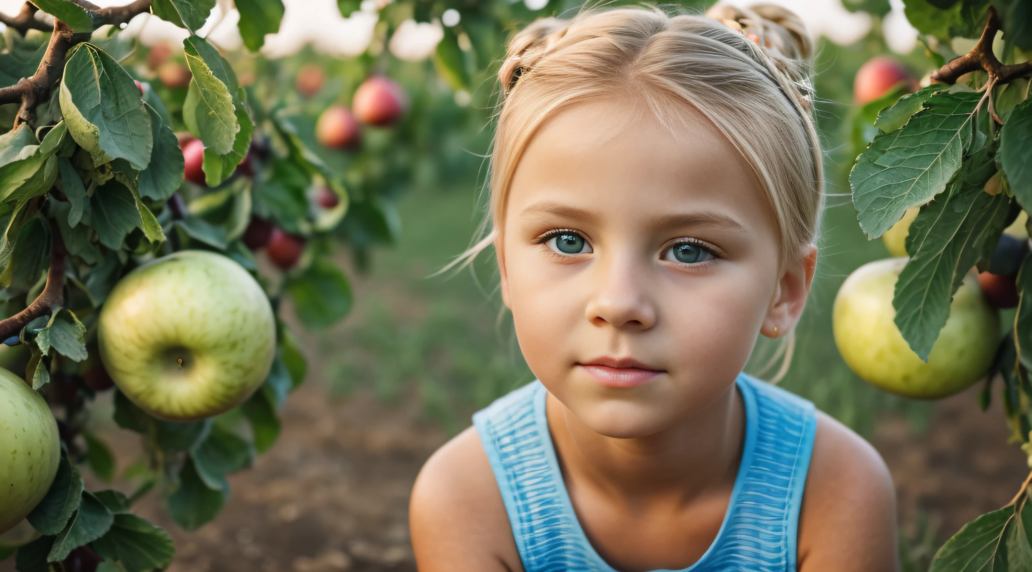 na frente de uma luz azul, BEAUTIFUL RUSSIAN GIRL CHILD BLONDE HAIR bun, olhos brilhantes, olhos perfeitos, 10 anos. on an agricultural farm surface, with animals and apples and oranges. MELANCIA, melon, Peras, Uvas.