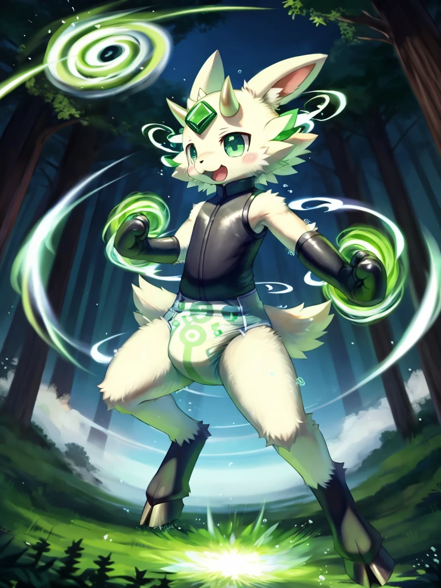 ((by wadorigi on Twitter)(Lamb)), pokemon, ??? proportions, cute, adorable  , thin thighs, hooves,  upper limb hooves, light green fur, horns made of emerald , powerful green spiral wind current on surroundings, ( green swirling whirlwind effect), surrounded by green swirling whirlwinds of magic, multiple green swirling whirlwinds on background, wearing soggy messy padded  diaper, (leather padded  fist mitts), leather wrist cuffs, Kung fu pose, green swirling whirlwind spheres on fists, in forest