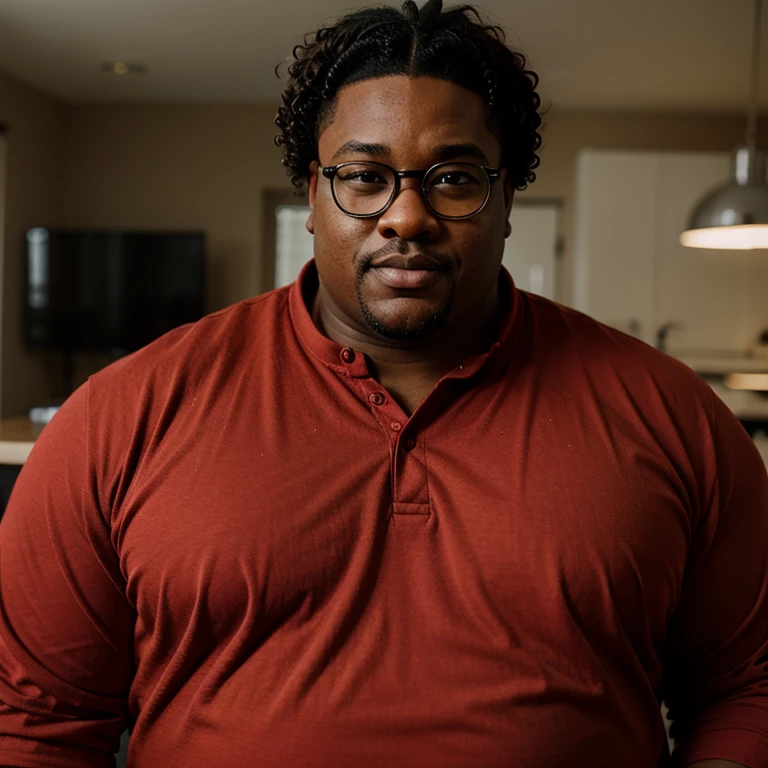 Fat black man, jerri curls, red shirt, glasses