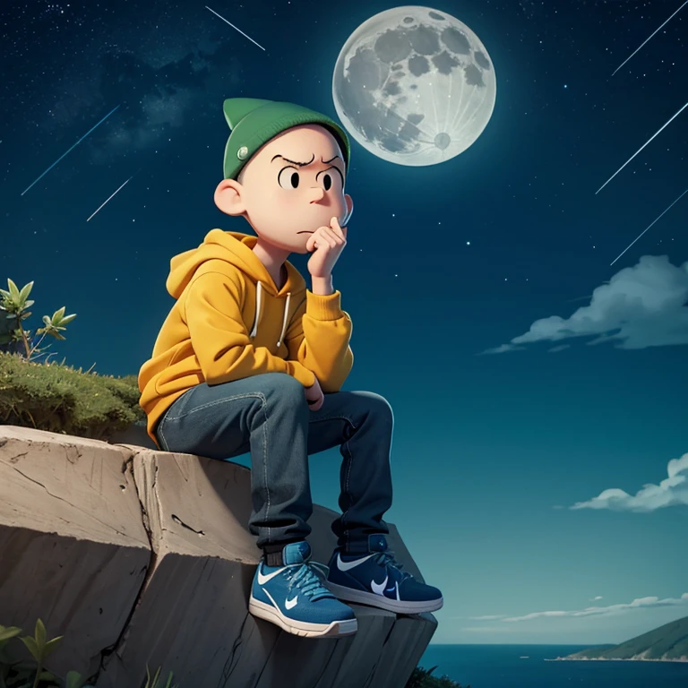Charlie Brown, the cartoon character, is sitting on a green hill overlooking the ocean while smoking a marijuana joint. This is during night with many stars and a bright full moon. He is wearing a dark blue hoodie with the hood up, black jeans and black Nike shoes.