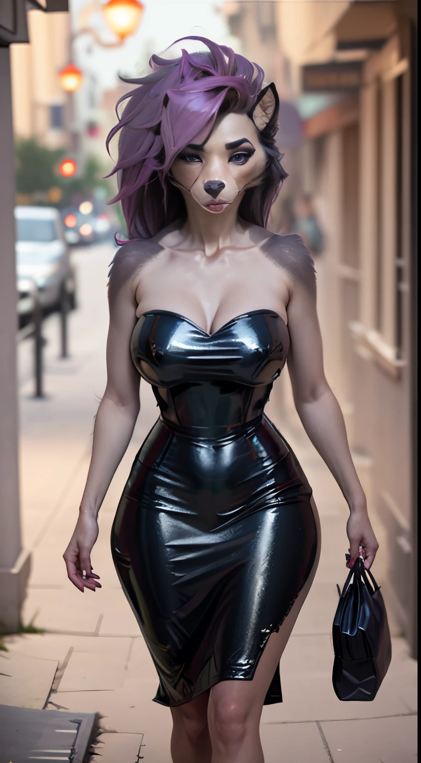 Sexy woman big breasts athletic body blonde afro hair sexy strapless black dress dark occlusion walking on the avenue at night purple red lighting nsfw furry