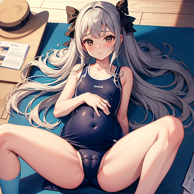 hightquality, precise, s girl, Lori, small tits, 12 yegnant, School swim wear, Silvery hair, long, Twin-tailed, a black ribbon, Brown eyes, laying on back, blush, Open your crotch wide, cammel toe, frombelow, dress room, On the floor