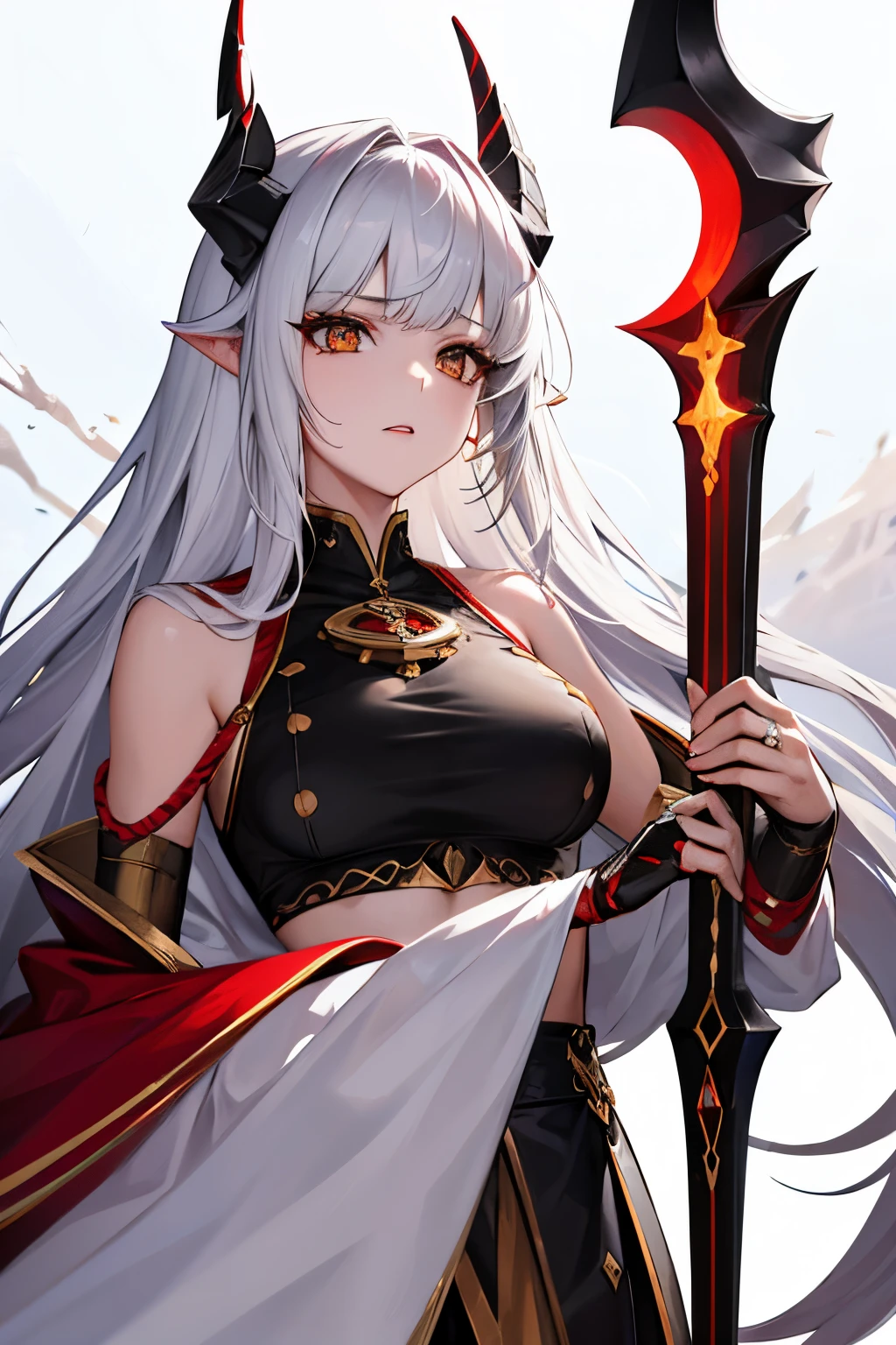 A girl , two red horn in her head, white hair , deep golden eyes , holding a majestic black spear in her hand