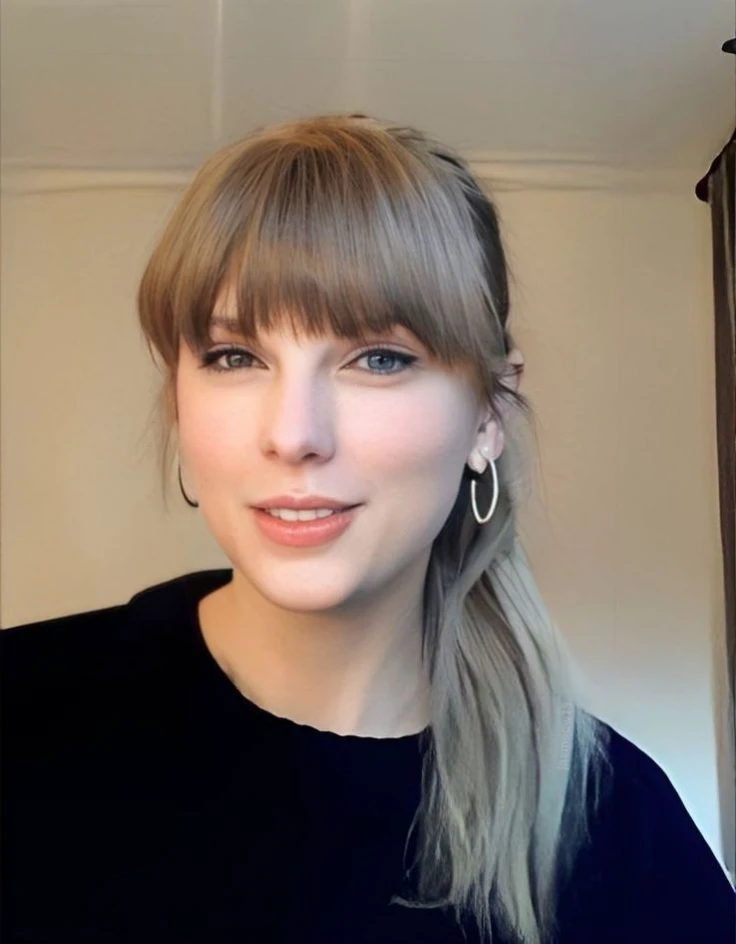 mujer rubia con flequillo y flequillo con una camisa negra, Retrato foto de Taylor Swift, Photograph by Taylor Swift, Retrato de Taylor Swift, Cara de Taylor Swift, con flequillo, Cabello limpio con flequillo, con flequillo completo, Taylor Swift, Foto de perfil de la foto de cabeza, cabello rubio y ojos grandes, con flecos, solo unos pocos flequillos de cabello, Flequillo partido en el centro, Flequillo completo, diadema de princesa, corona de princesa