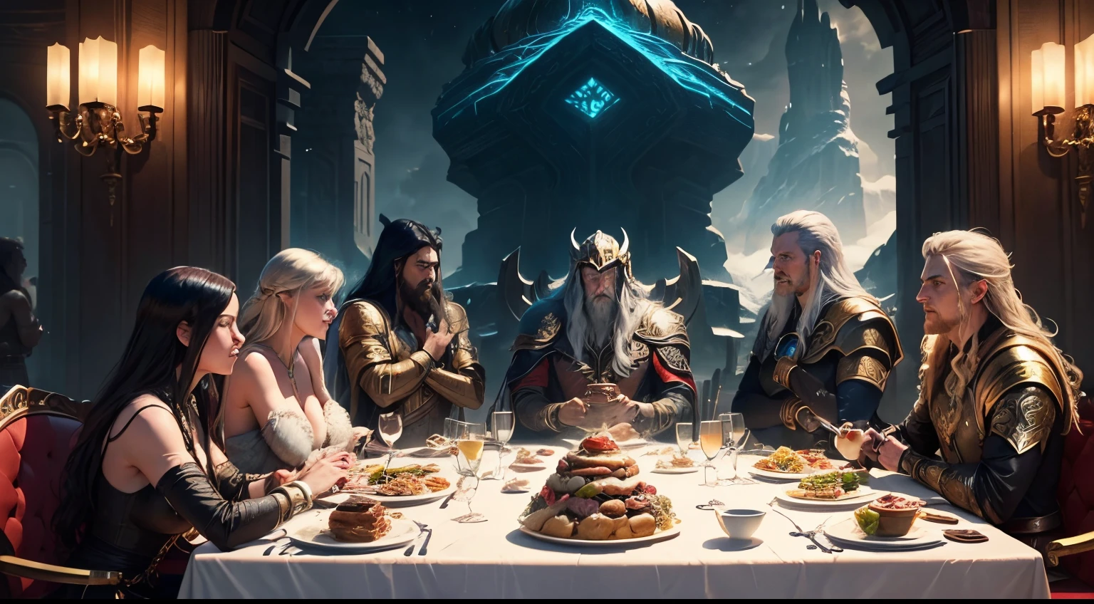 Step into the world of Asgard, where the gods roam and the feasts never end. Describe the lavish banquets and extravagant celebrations that take place in this realm of endless stories and adventures