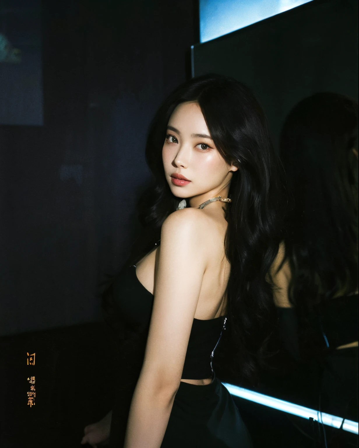 there is a woman that is standing in front of a mirror, Xision Wu, Wenfei Ye, gemma chen, Jiyun Chae, imagem vazada, Heonhwa Choe, com preto, Gongbi, Xintong Chen, Bae Suzy, TaeJune Kim, Ulzzang, Chengyou Liu, com cabelos longos, cindy avelino, ava max