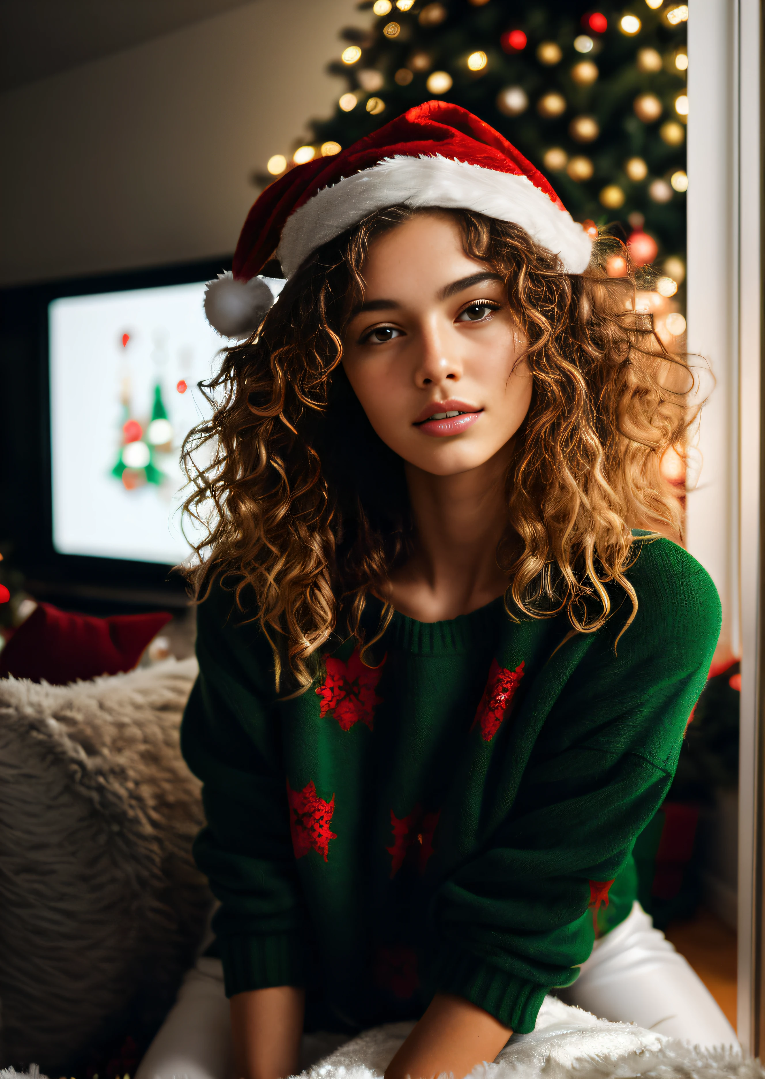arafed woman with curly hair kneels next to the Christmas tree, holding glass of Champagne, beautiful young girl, gorgeous young model, by irakli nadar, cute young woman, anna nikonova aka newmilky, very beautiful young woman, high quality shoot, sofya emelenko, beautiful young woman, full body photo of a beautiful girl, very beautiful girl, messy curly hair, wearing red colored christmas sweater and santa cap, she is covered with christmas blanket, christmas tree lighting behind her, christmas tree in the apartment in Rome, christmas blanked is covering her legs and shoulders