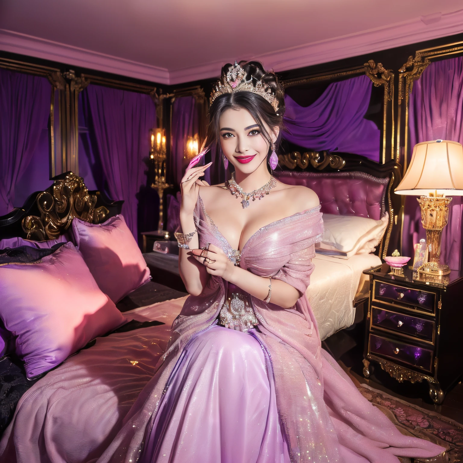 ((top-quality、masutepiece、8K、Top image quality、Highly complex and detailed depictions))、(Italy's most gorgeous prostitute goddess:1.1)、((The most gorgeous prostitute goddess huge costume、the most vivid and luxurious costumes、big long costume、The unimaginably luxurious bedroom of a goddess、purple and pink gems、(purple and pink goddess bedroom:1.3)、(romantic dark night:1.2)、(pink and purple lighting:1.2)、spectacular movie lighting、A glittering room decorated with jewels、The most luxurious and sparkling goddess's bedroom、mid night、Very complex decoration、very clear goddess bedroom、(View me、Bewitching smile、Perfect makeup、long eyelashes、lipsticks、Pink eyeshadows、perfect anatomia、Biggest smile)
