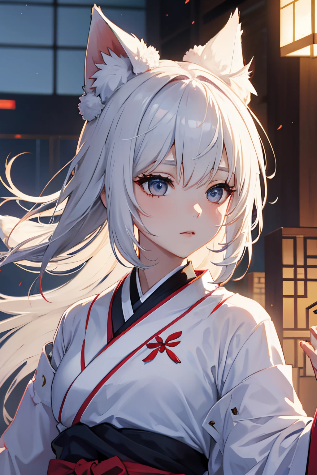 White-haired girl animation kimono wearing fox mask JK