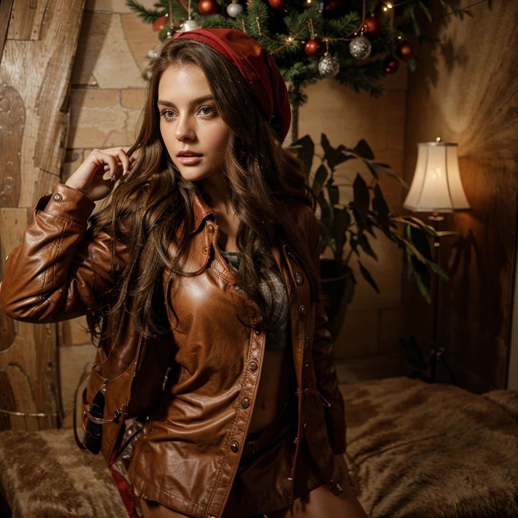 Young-Adult Female With Long Brown Hair And Dark Blue Eyes. Unreal Engine, Cute, Dress, Seductively Looking Into The Camera, Realistic, Sexy, Attractive., Hyper Detailed, Hyperrealism, Radiant, woman in a hat and coat standing in front of a Christmas tree, light brown coat, light red jacket, fashion model, wearing a red leather coat, red clothes, red jacket with long sleeves, wearing jacket and skirt, cropped shirt with jacket, short light red leather jacket, warm color clothes, stylish