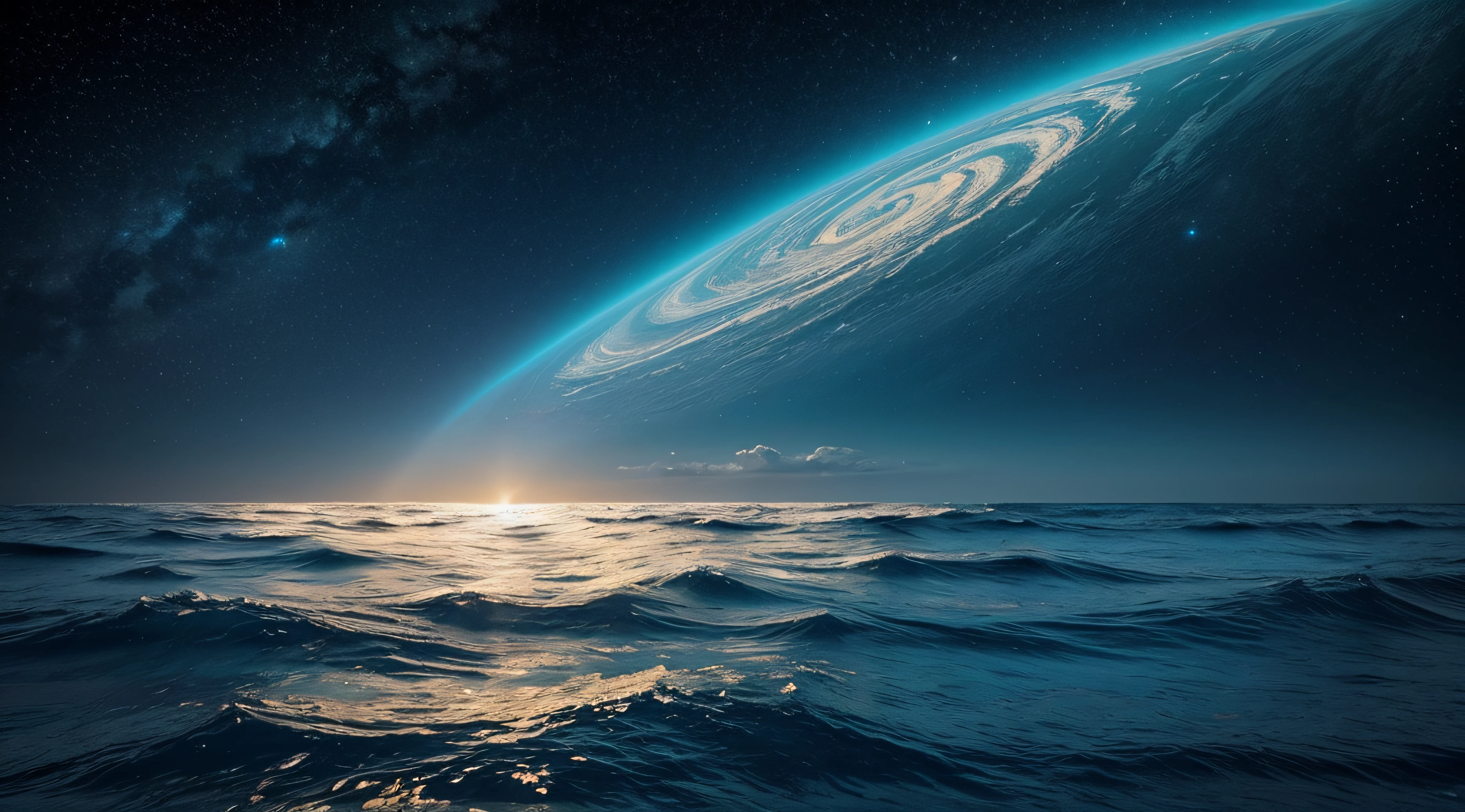 Create a celestial masterpiece featuring an entire ocean planet, a mesmerizing expanse of boundless oceans, no land in sight. Apply the golden ratio to infuse a perfect aesthetic balance into the artwork, ensuring a visually captivating composition.

Highlight the ocean depths with varying shades of blue, do sereno, crystal clear shallow waters for the mysterious, profundezas abissais escuras. Use the golden ratio to strategically place waves, creating a harmonious flow that adds dynamism to the scene.

Considere adicionar elementos celestes sutis, like distant stars and cosmic reflections on the surface of the water. These details will elevate the artwork, enfatizando o contexto celestial deste vasto, Ocean World.

The absence of land and the dominance of endless oceans should convey a feeling of isolation and tranquility. Make sure the proportions are in accordance with the golden ratio, permitindo que os espectadores mergulhem na serenidade, hypnotic beauty of this celestial watery kingdom.